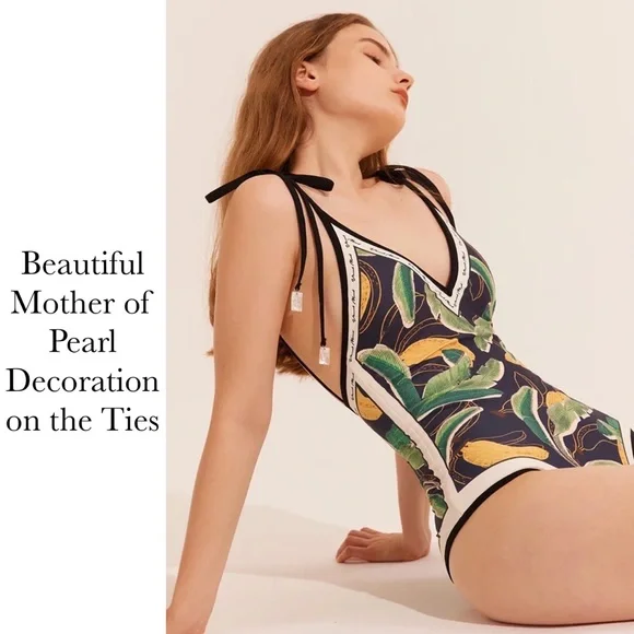 Boho Green & Black Floral Reversible Swimsuit with Shoulder Ties - Picture 2 of 16